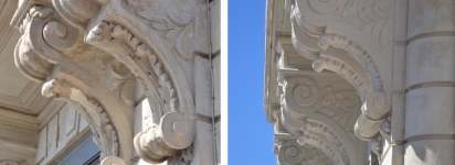 Sculpture de consoles soutenant un balcon aux Sables d'Olonne, pierre de Tercé (Charentes)