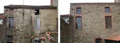 Restauration de façade en enduit à pierres vues, entourage des fenêtres en brique, gouttières en zinc, génoise en brique et tuile, couverture en tuile