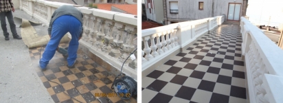Restauration du carrelage en damier au dessus   de la galerie de la Villa Sans Souci aux Sables d'Olonne